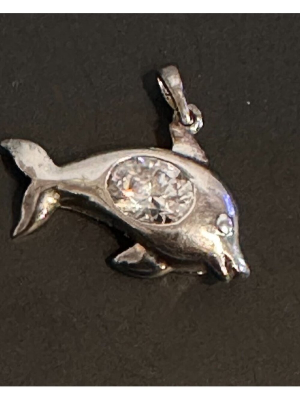 Sterling Silver Dolphin Necklace Pendant Clear Rhinestone Belly 1 Inch